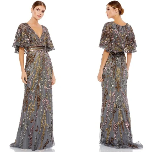 mac duggal gold cape dress Embellished Column Cape Dress main image 1